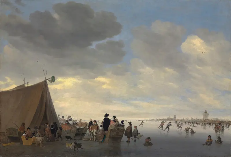 Schlittschuhläufer auf dem zugefrorenen Fluss Lek, die Stadt Vianen im Hintergrund von Salomon van Ruysdael