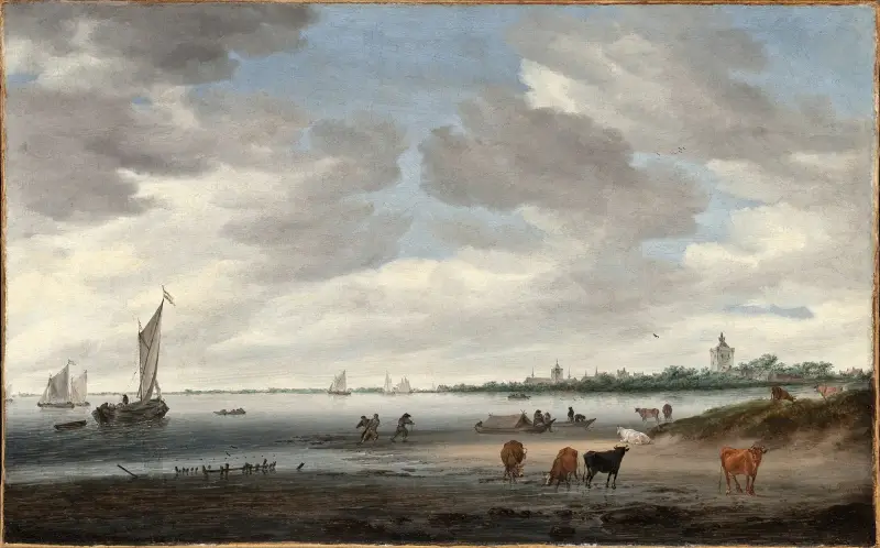 View of the River Lek and the Town of Vianen av Salomon van Ruysdael