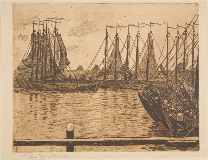 Flotille de pêche – Volendam, bateaux en rade av Theo van Rysselberghe