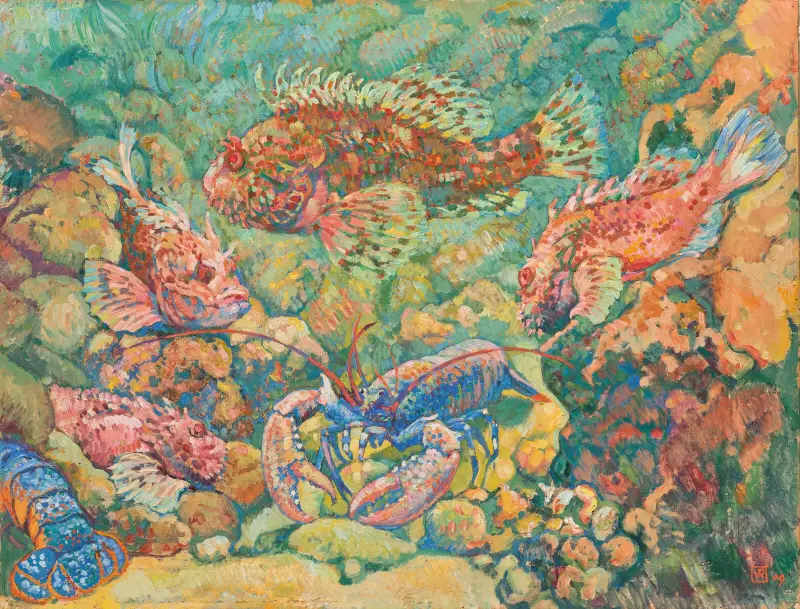 Rascasses et homards dans un aquarium av Theo van Rysselberghe