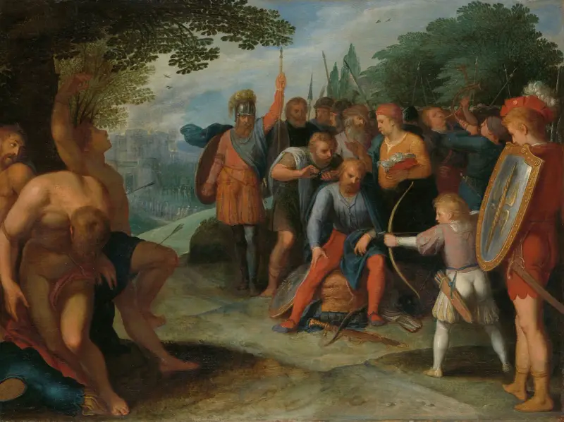Julius Civilis Having his Hair Cut after the Fall of Vetera, while his Son Kills Some of the Captives av Otto van Veen