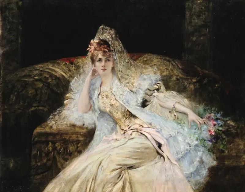 Dam med mantilla av Georges Jules Victor Clairin