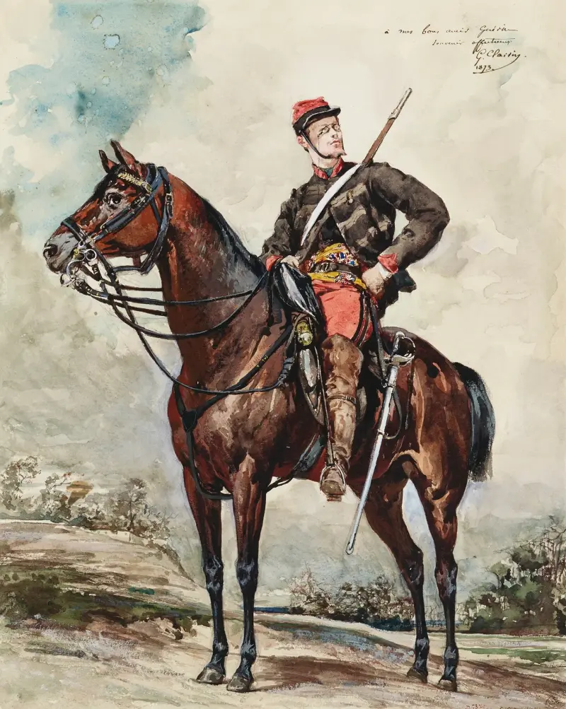 Portrait équestre, éclaireur à cheval av Georges Jules Victor Clairin