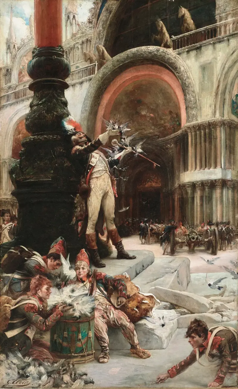 Tambour-major der französischen Armee, der den Tauben auf dem Markusplatz in Venedig zu fressen gibt von Georges Jules Victor Clairin