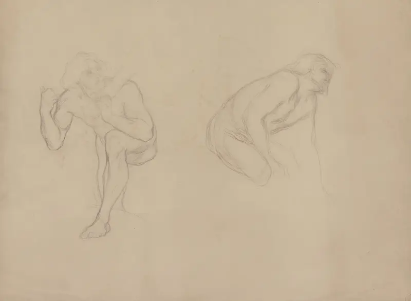 A male nude in a bent position with his left leg raised, carrying an object on his shoulder, next to him a crouching male nude to the right av Victor Müller