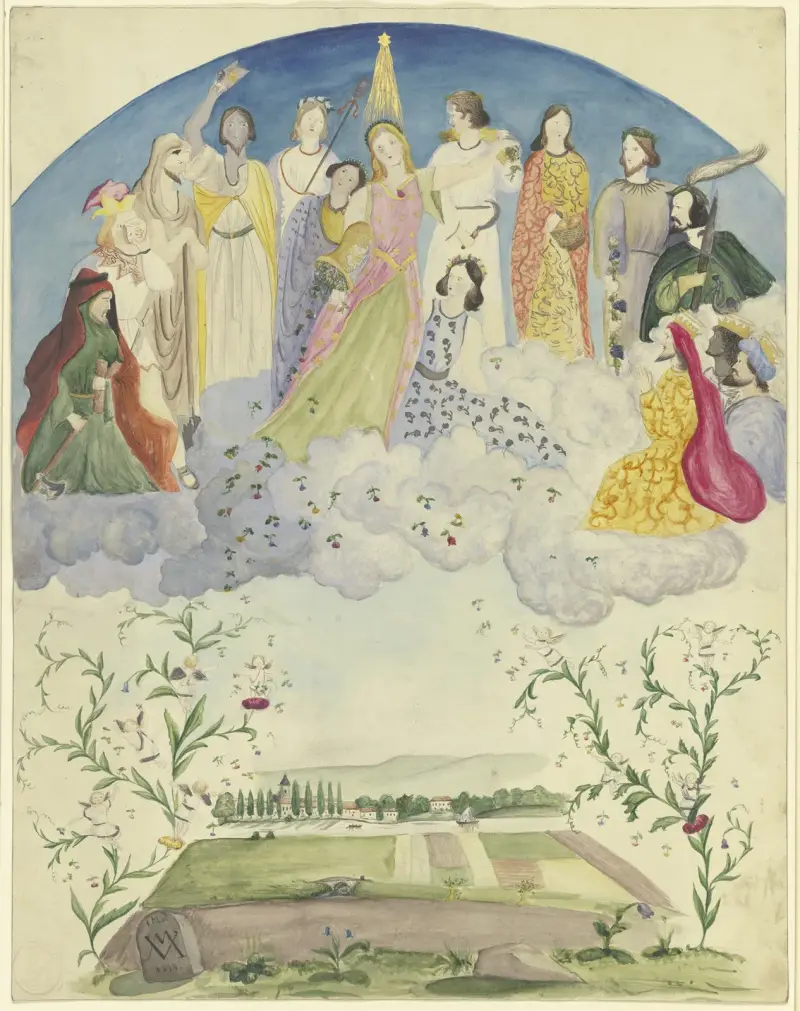 Blumen Über Eine Landschaft Streuende Und Ausschüttende Flora, Umgeben Von Dionysischen, Biblischen Und Historischen Gestalten av Victor Müller