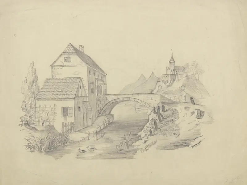 Brückenhaus vor bergiger Landschaft av Victor Müller