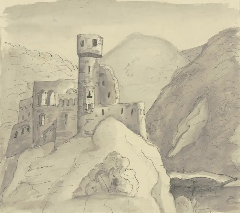 Slottsruin i bergslandskap av Victor Müller