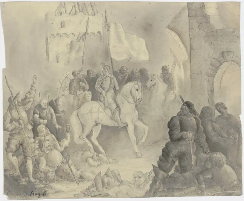 Ein bärtiger Herrscher mit Gefolge reitet nächtens auf eine ruinöse Burg zu av Victor Müller