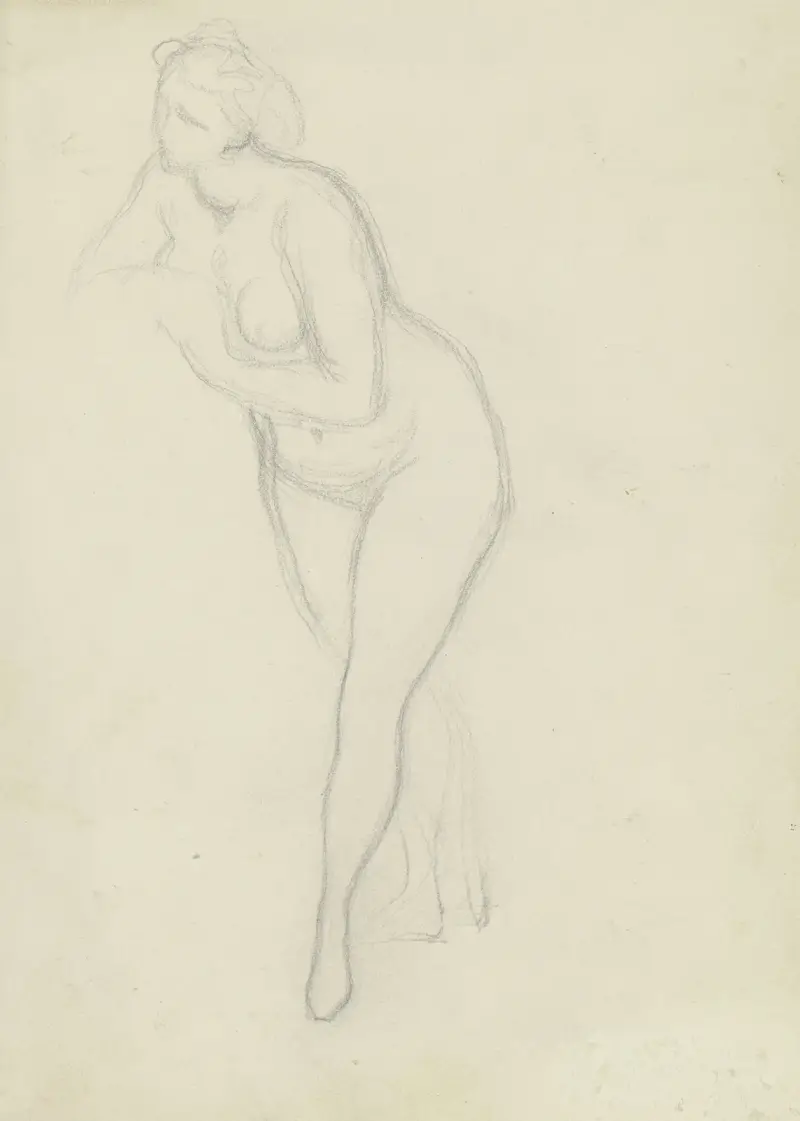 Stehende Frau als Aktfigur, aus ‘Ritter Hartmut von Kronberg bei dem Reformator Oecolampadius in Basel’ av Victor Müller