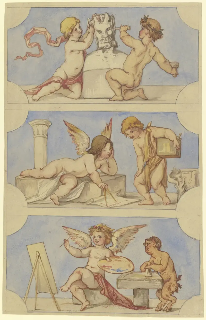 Allegorier över skulptur, arkitektur och måleri förkroppsligade av putti av Victor Müller