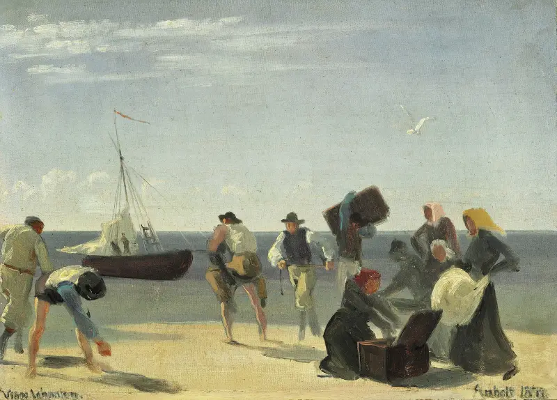 Podróżni z Anholt w drodze z plaży do oczekującego żaglowca, Viggo Johansen