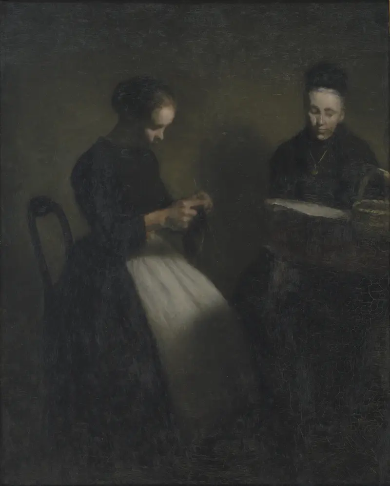 Evening in the Drawing Room. The Artist’s Mother and Wife av Vilhelm Hammershøi