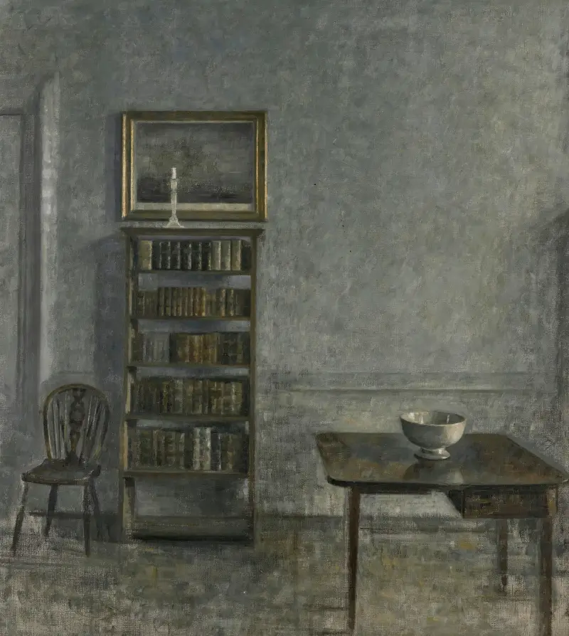 Interior with a table, bookcase and Windsor Chair, 25 Strandgade av Vilhelm Hammershøi