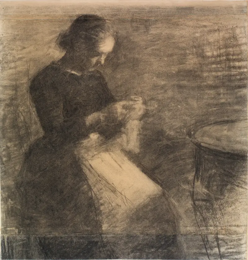 Portrait of Ida Hammershøi with Needlework av Vilhelm Hammershøi