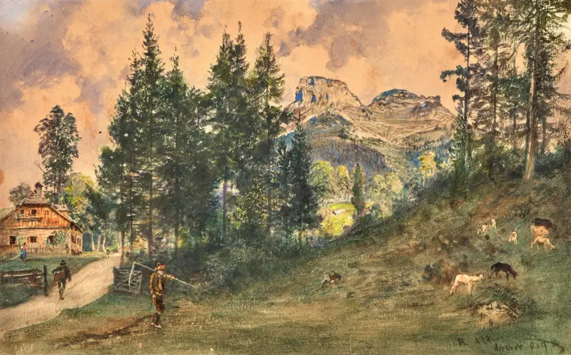 A mountain pasture in Aussee with a view of Loser mountain av Rudolf von Alt