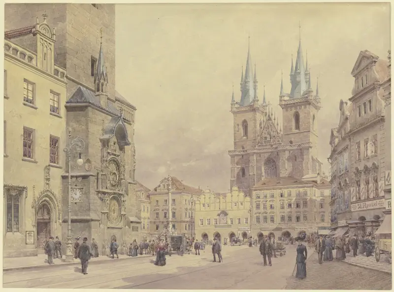 Blick auf die Teynkirche und die Mariensäule am Altstädter Ring zu Prag av Rudolf von Alt