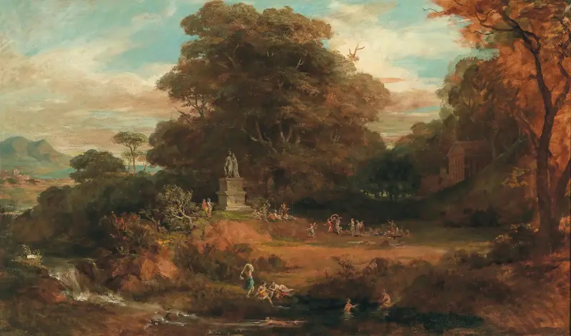 A Vast Idealised Landscape with Antique Figures around a Double Statue of Mars and Venus, Temple Architecture in the Background av Friedrich von Amerling