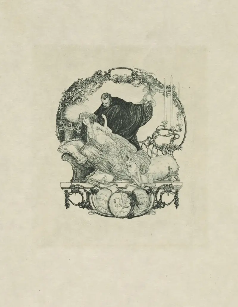Bookplate; De la bibliotheque du Comte Michel de Karolyi av Franz von Bayros
