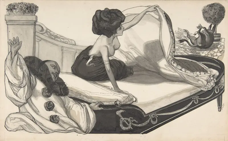 Woman in Bed Observing a Donkey av Franz von Bayros