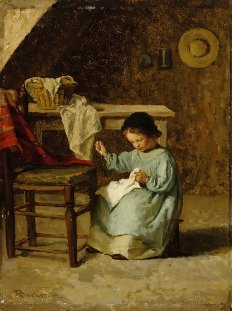 Girl Sewing av Adolf Von Becker