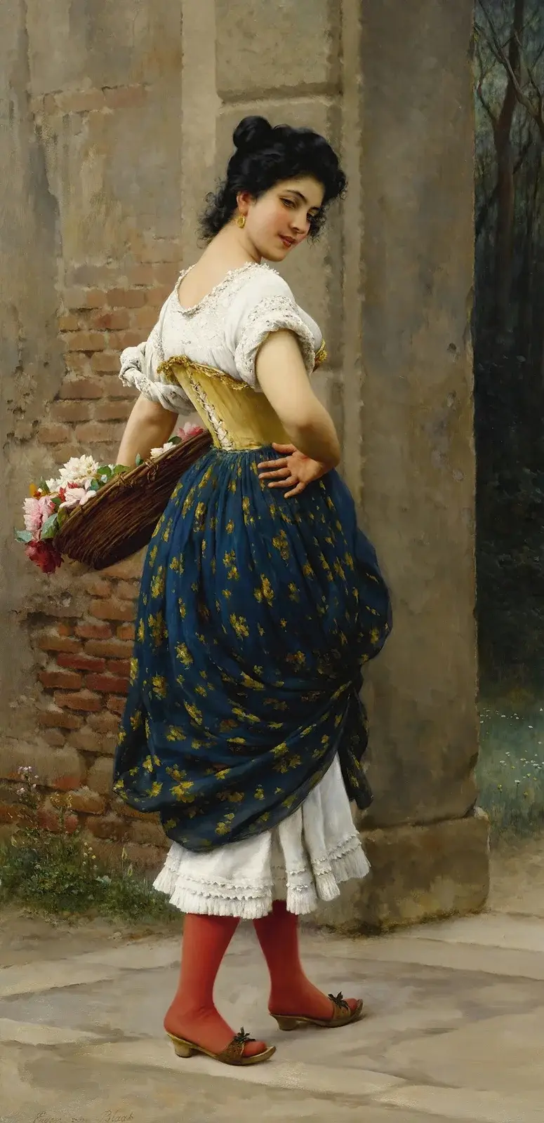 En ung kvinna med en korg rosor av Eugen von Blaas