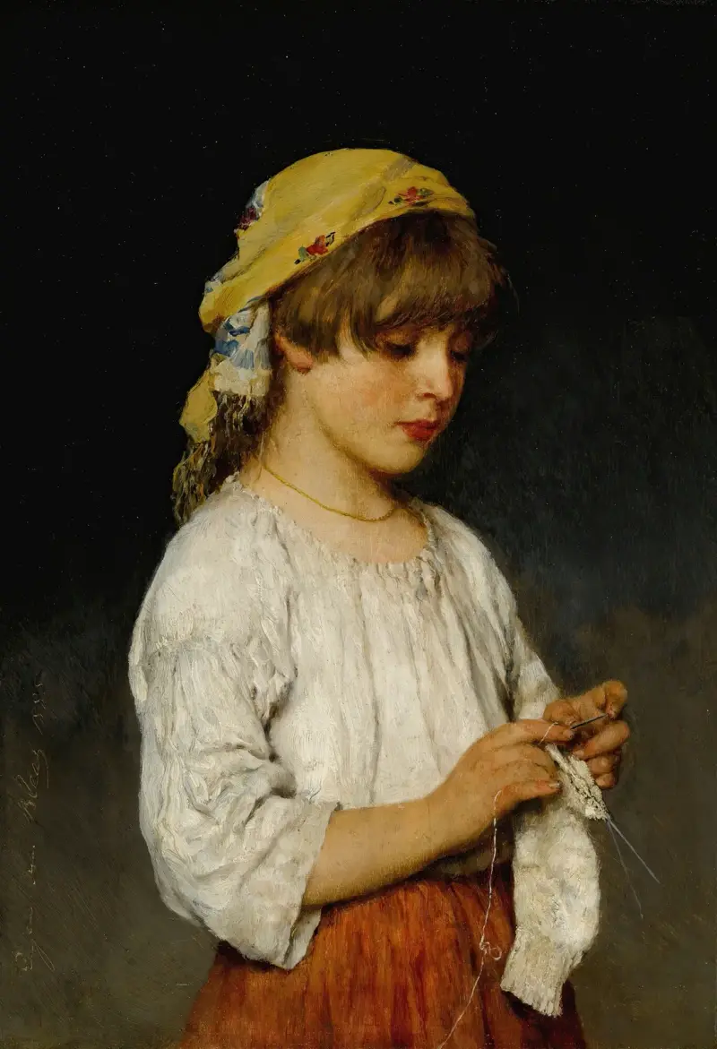 Knitting Girl With Headscarf av Eugen von Blaas