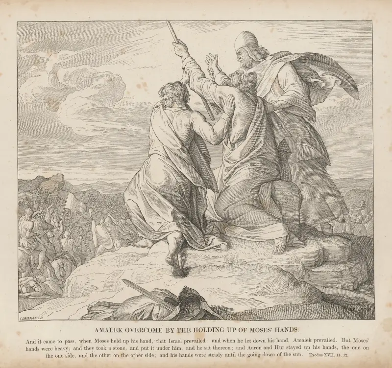 Amalek besegras genom Moses upplyfta händer av Julius Schnorr von Carolsfeld