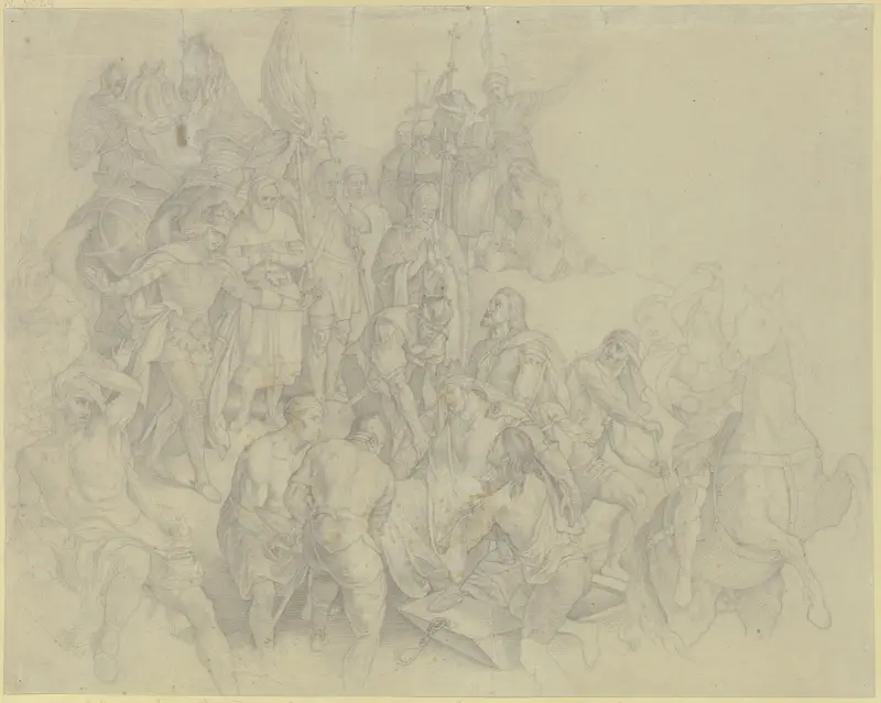Upptäckten av kejsar Fredrik Barbarossas lik i floden Kalykadnos vid Seleucia i Syrien den 10 juni 1190 av Julius Schnorr von Carolsfeld
