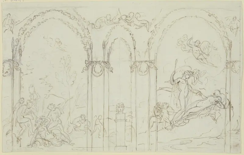 Amor überwindet einen Satyr; Bacchus und Ariadne av Peter von Cornelius