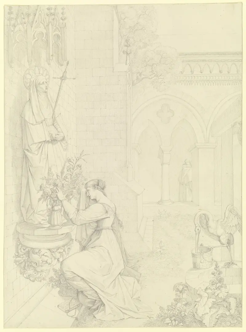 Gretchen i klostergården knäböjande inför Mater Dolorosa av Peter von Cornelius