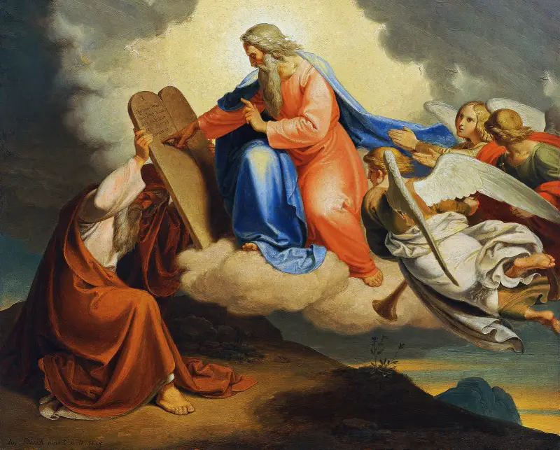 Gud skriver de tio budorden på två stentavlor till Mose på Sinai berg av Joseph von Führich
