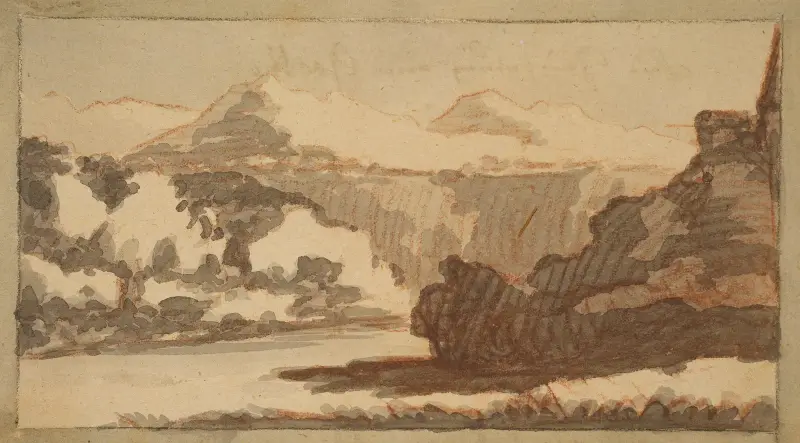 Gebirgslandschaft mit einem Fluß im Vordergrund av Johann Wolfgang Von Goethe