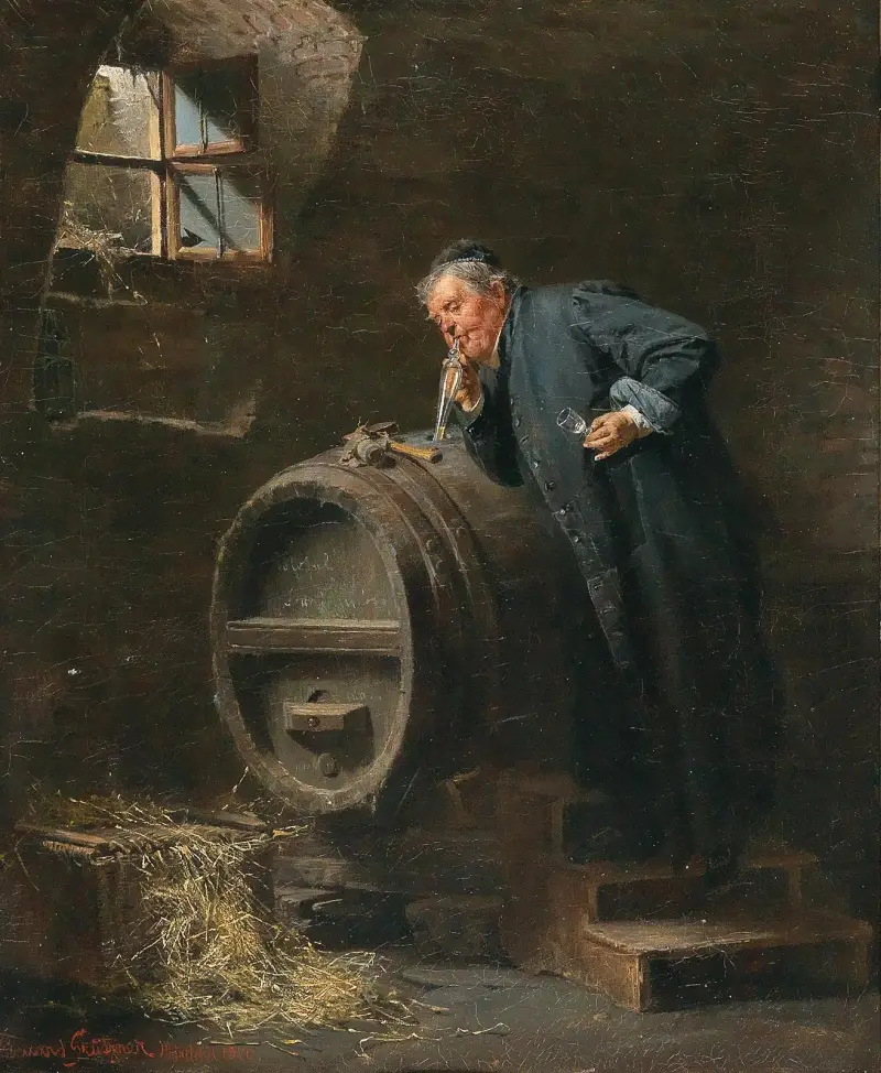 A monk in a wine cellar with a wine siphon av Eduard von Grützner