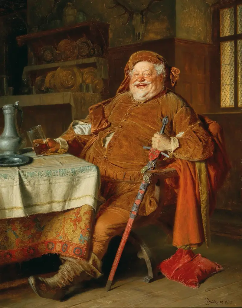 Falstaff med svärd, vinkanna och glas av Eduard von Grützner
