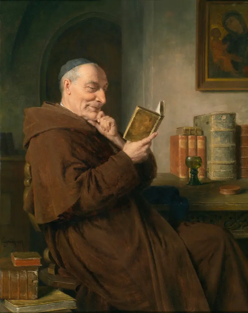 Čtoucí mnich s sklenicí vína, Eduard von Grützner