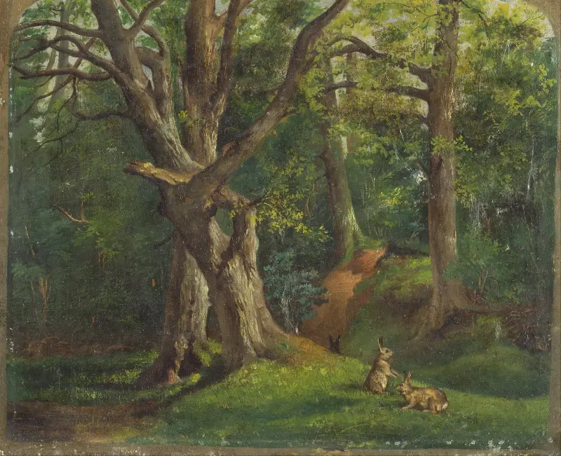 Woodland scene with rabbits av Sir Hubert von Herkomer