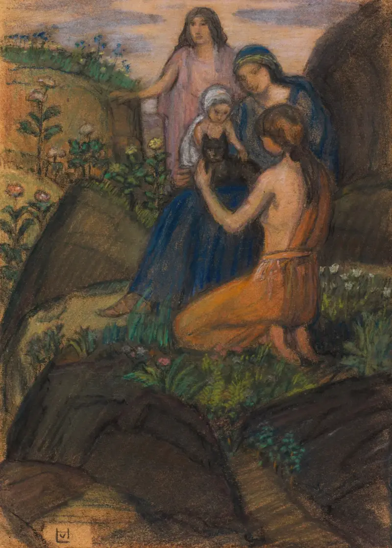 Frauen mit Kind in arkadischer Landschaft av Ludwig von Hofmann