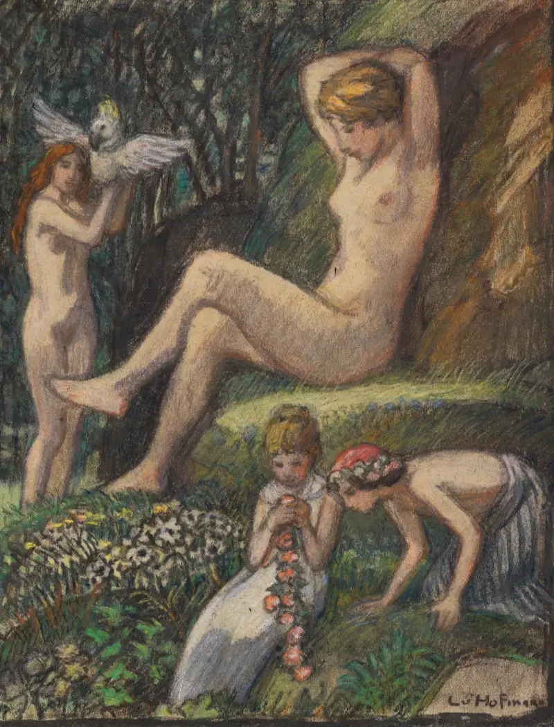 Frühlingsidylle mit Badender und Blumenkindern av Ludwig von Hofmann