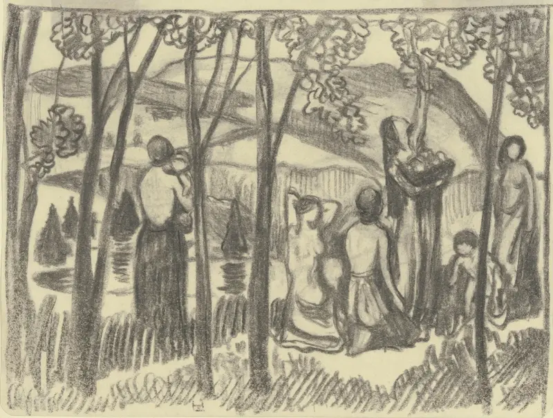 Kniende Frauen und Obstflückerin av Ludwig von Hofmann