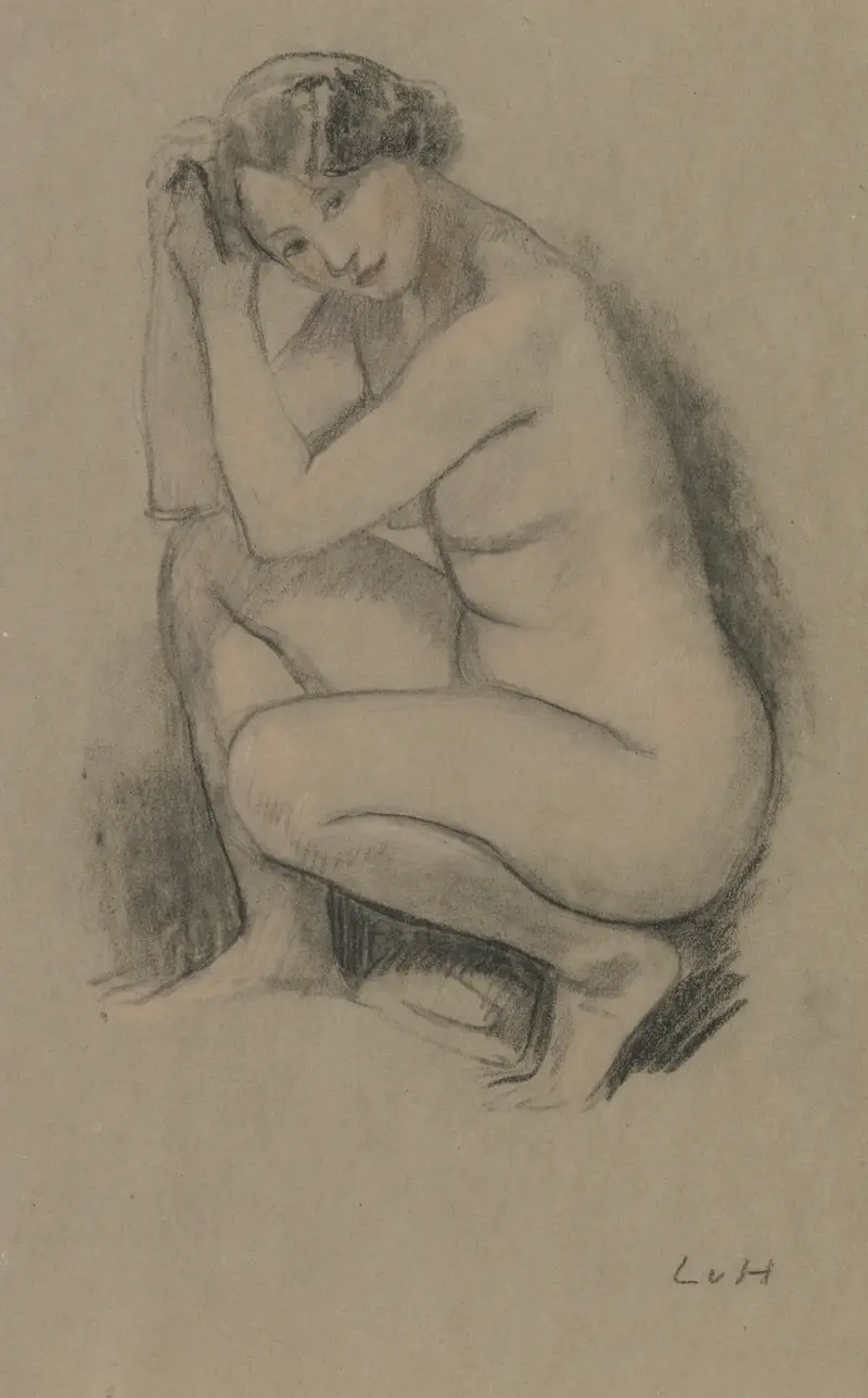 Naked crouching girl av Ludwig von Hofmann