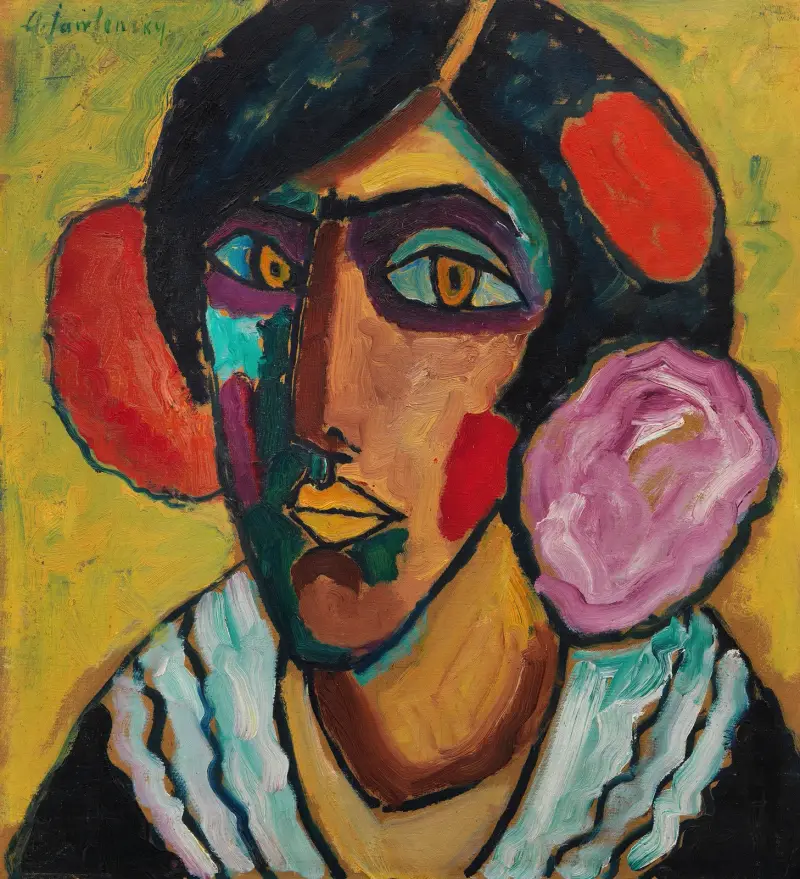 Frauenkopf mit Blumen im Haar av Alexej von Jawlensky