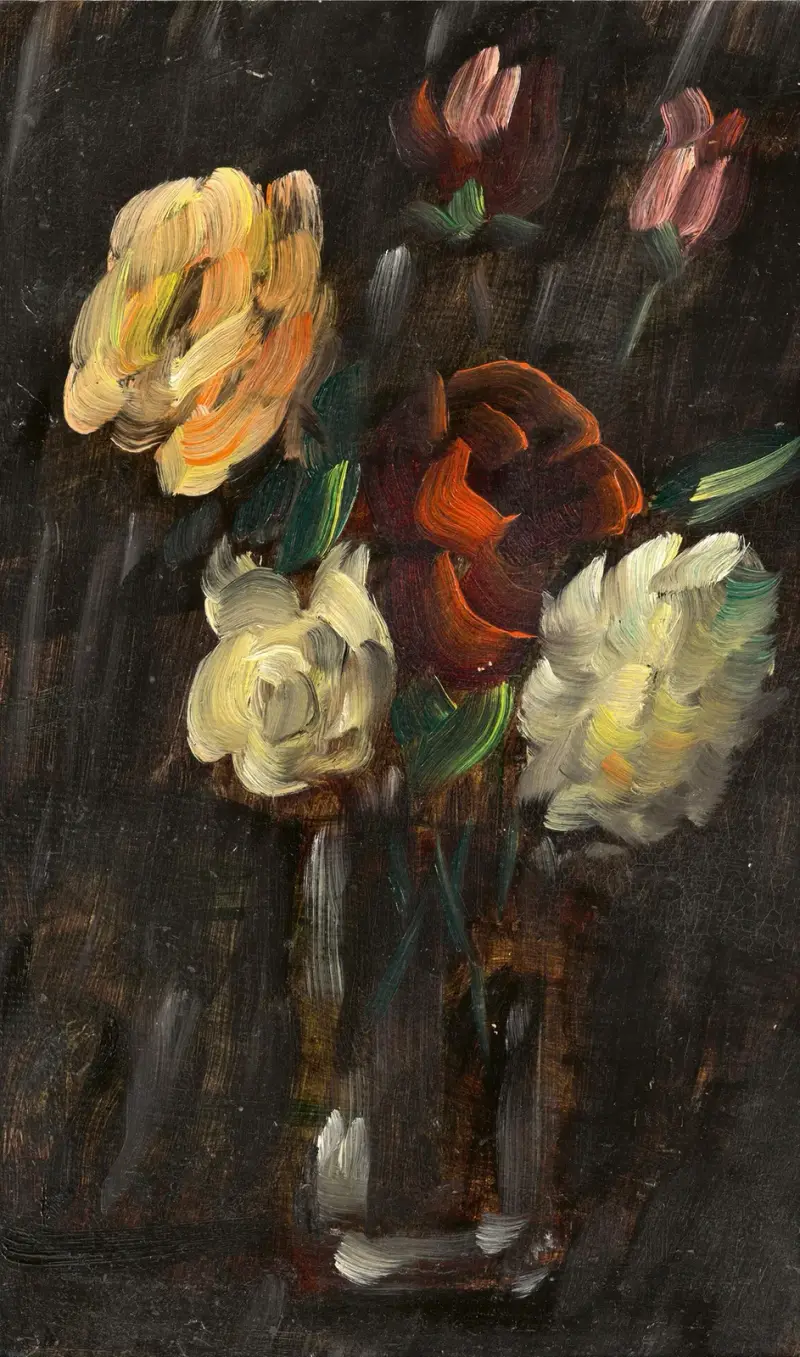 Großes Stillleben; Stillleben auf schwarzem Hintergrund, helles Glas mit rosa und roten Rosen av Alexej von Jawlensky