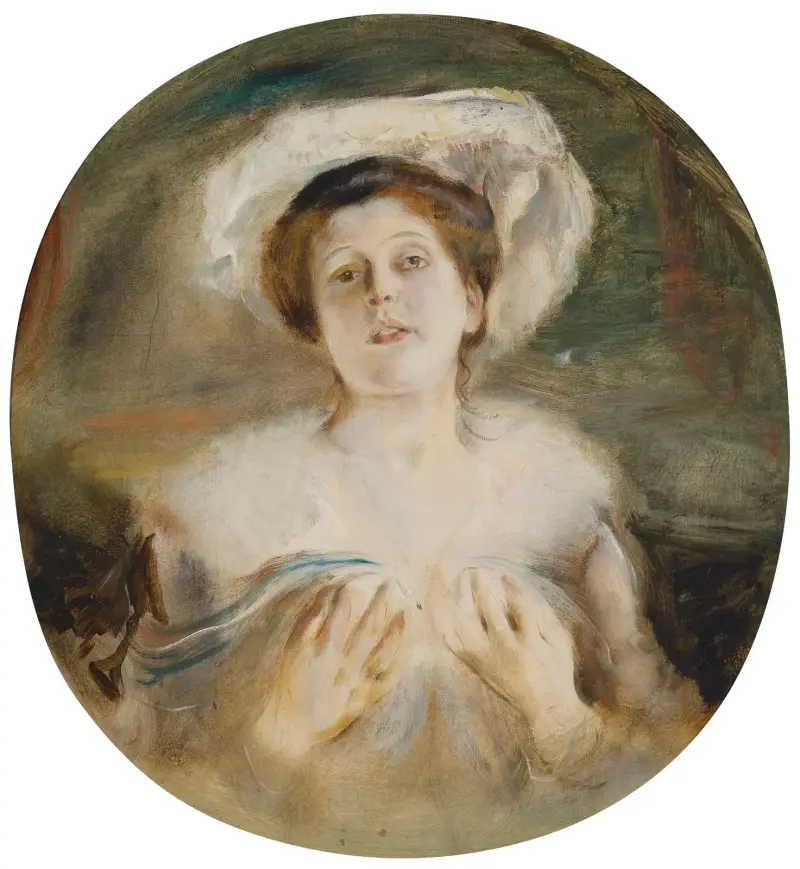 Bildnis einer Dame mit mit weißem Hut av Franz von Lenbach