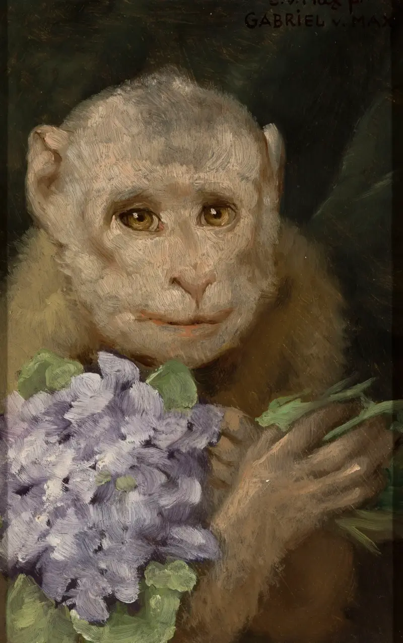 Monkey with a bouquet of violets av Gabriel von Max