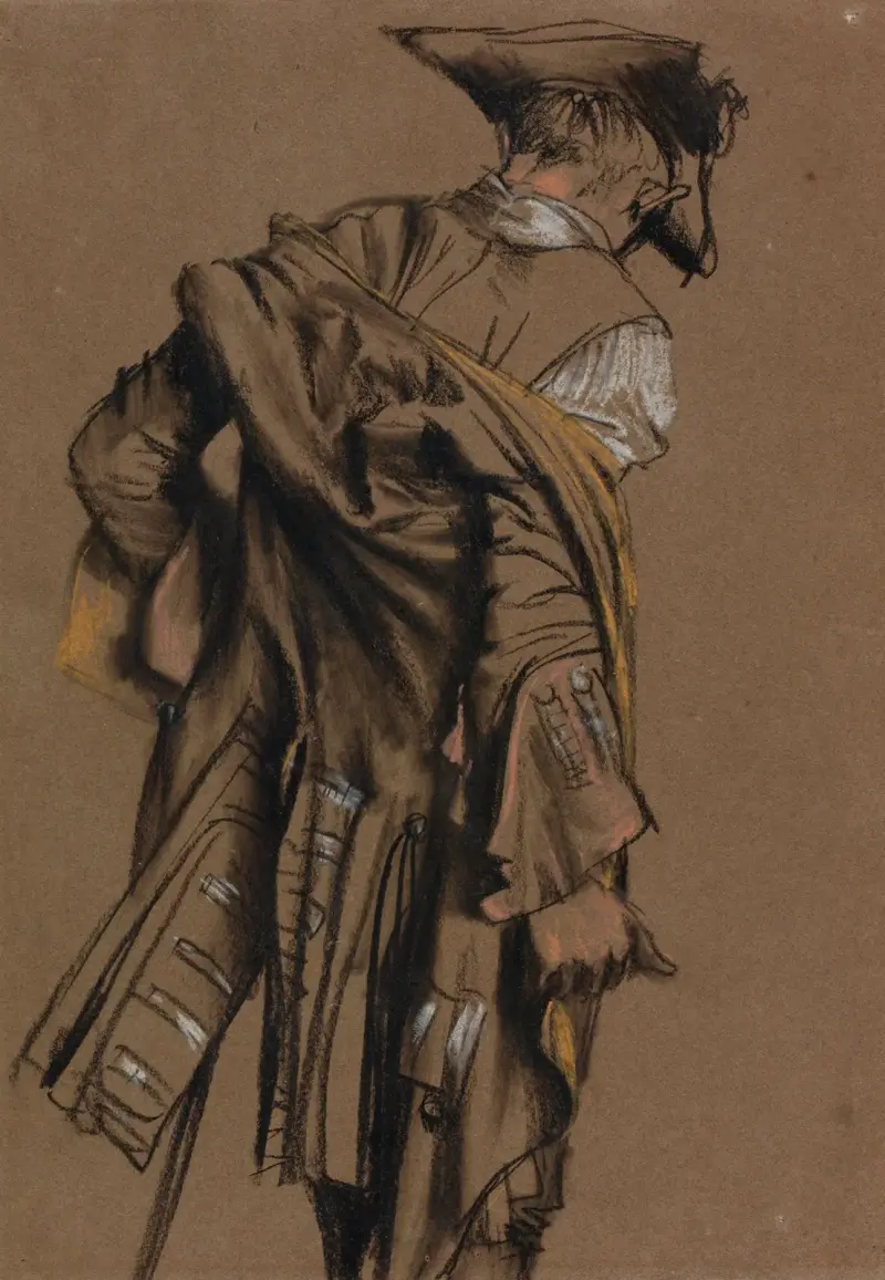 Artist’s Model, Seen in Back View, Putting on an Eighteenth-Century Uniform av Adolph von Menzel