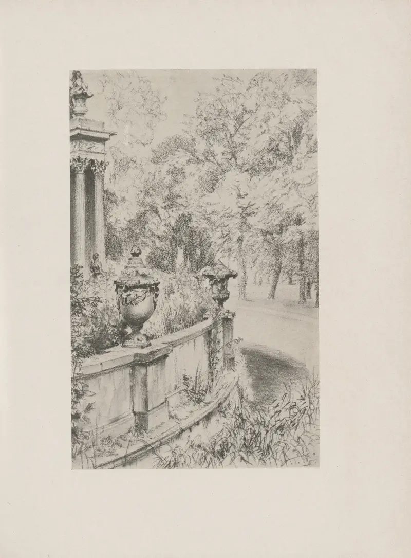 Balustrad med vaser i Sanssouci-parken (omkring 1845) av Adolph von Menzel