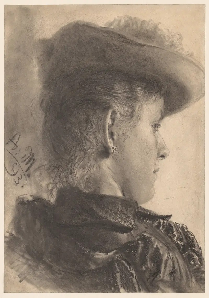 Kvinna i halvfigur, sedd bakifrån av Adolph von Menzel