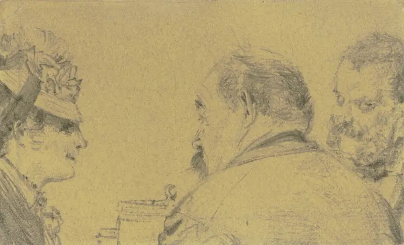 Dam med kapotthatt i samspråk med två herrar av Adolph von Menzel