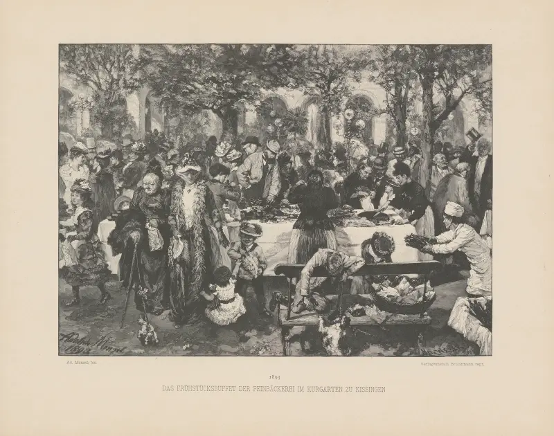 Das Frühstücksbuffet der Feinbäckerei im Kurgarten zu Kissingen av Adolph von Menzel